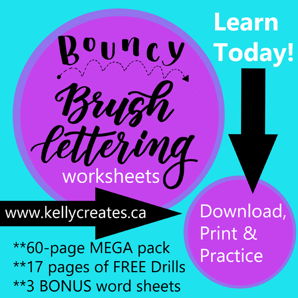 Learn Bouncy Brush lettering and calligraphy with these awesome new worksheets for large brush pens. www.kellycreates.ca