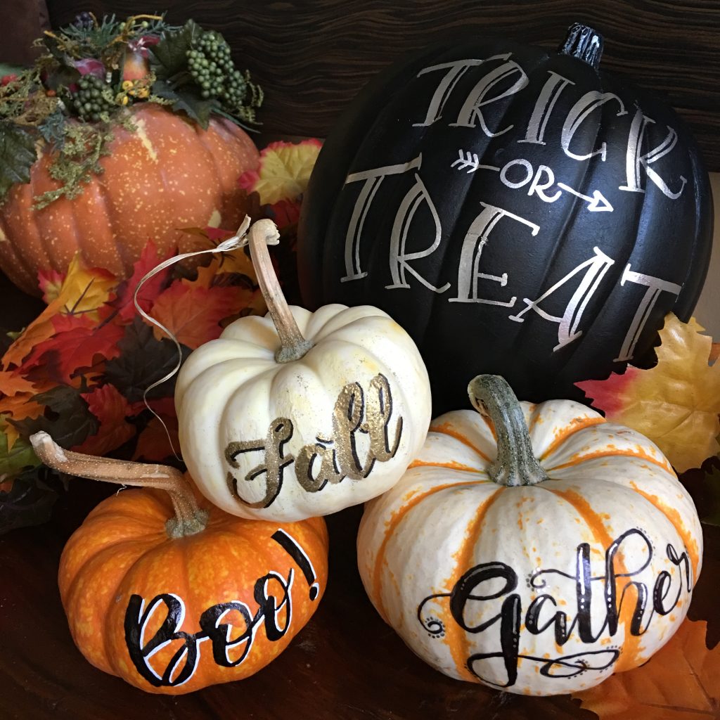 Hand lettering and calligraphy on pumpkins for Halloween and Thanksgiving home and party ideas and decorations 