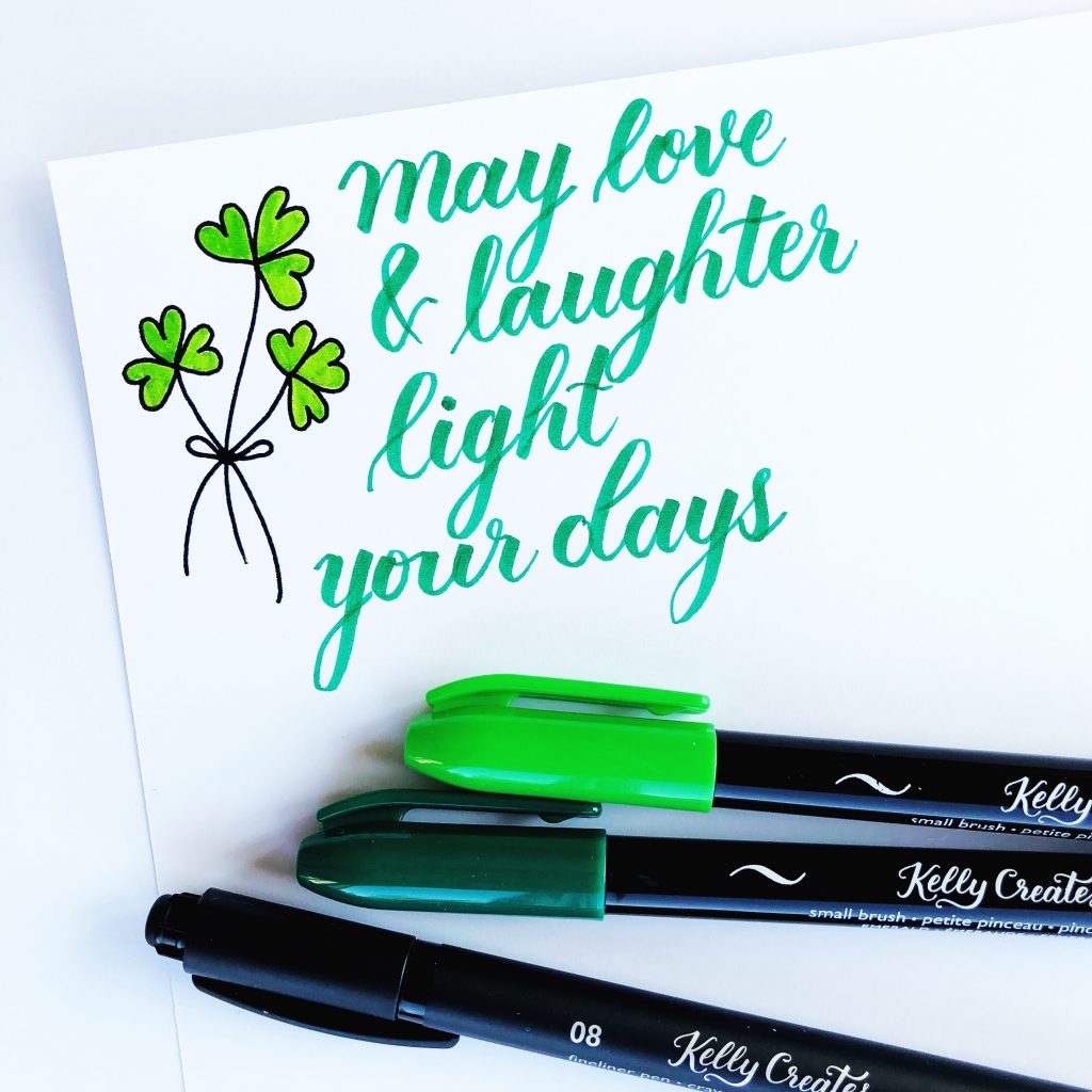 Irish Blessing March 2018 calligraphy with Kelly Creates brush pens Multicolor Small Brush Pens . Cute shamrocks with hearts 