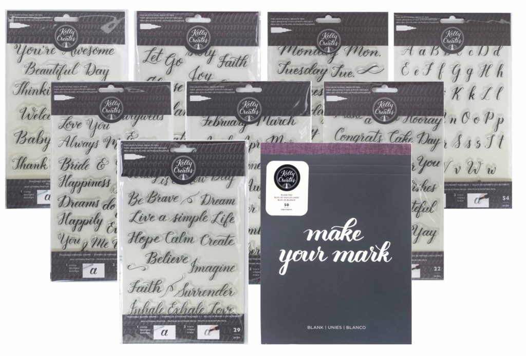 Use Kelly Creates word calligraphy stamps to trace and learn lettering with brush pens for cards and scrapbook layouts 