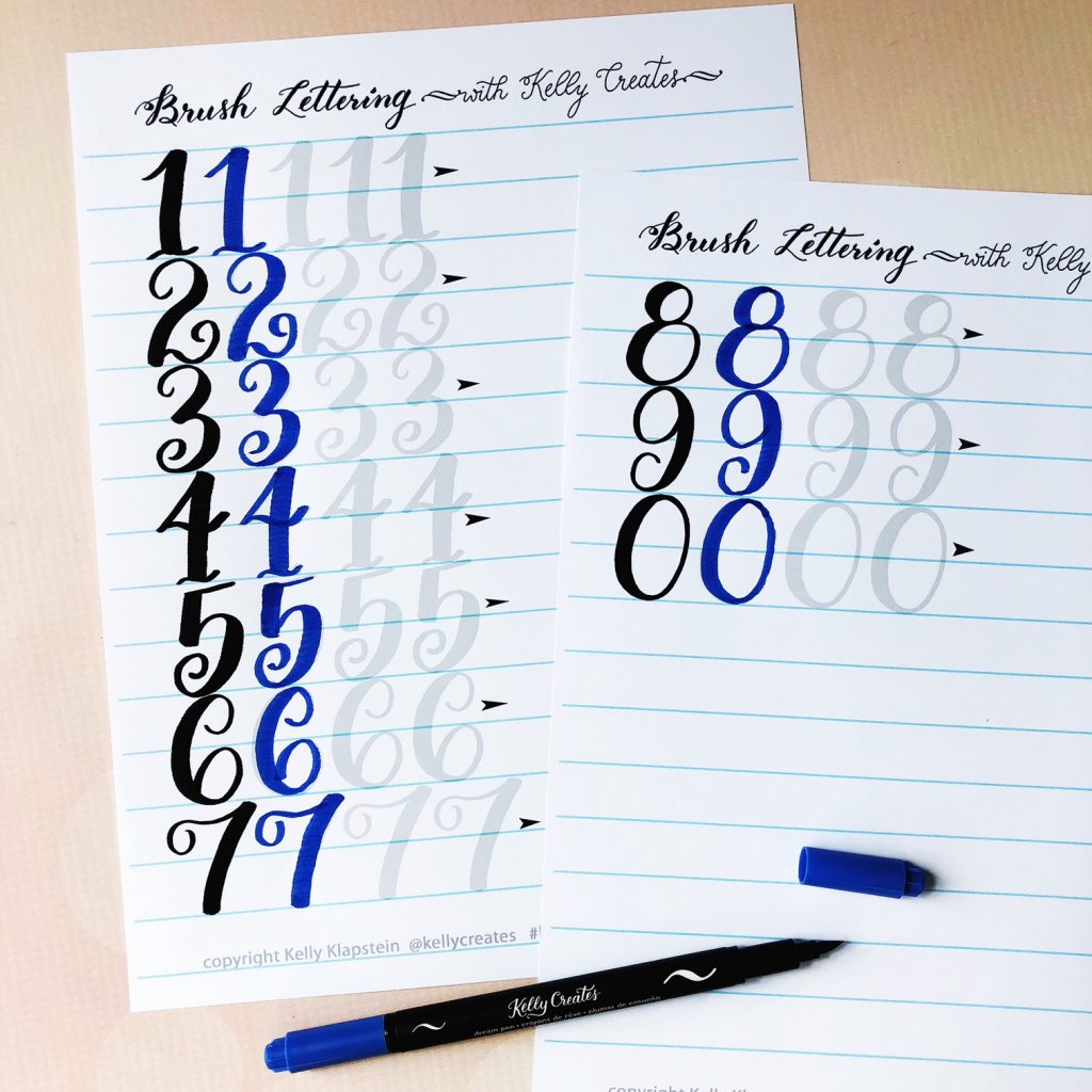 Learn tracing brush lettering calligraphy with this free numbers worksheet guide template kelly creates