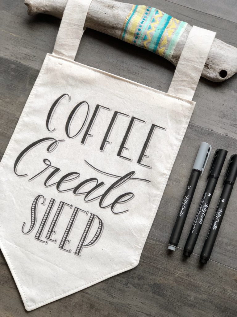 Learn how to make this adorable coffee theme fabric banner with hand lettering and pens with Bonnie Peters on www.kellycreates.ca