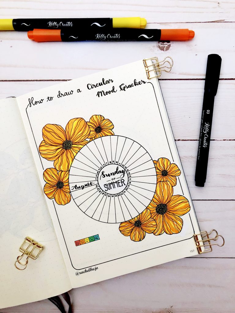 How to Draw a circle mood tracker with a compass and pretty floral bujo bullet journal tutorial www.kellycreates.ca 