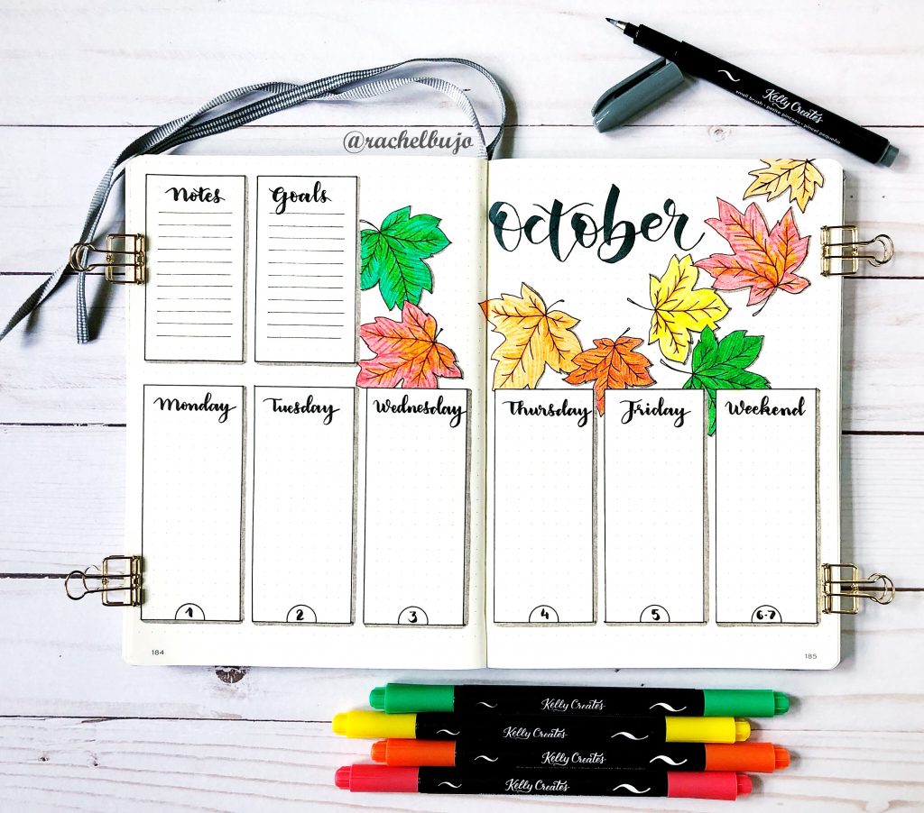 Love this amazing but simple tutorial on how to do a weekly spread in my bullet journal, bujo, and draw maple leafs www.kellycreates.ca @rachelbujo @kellycreates