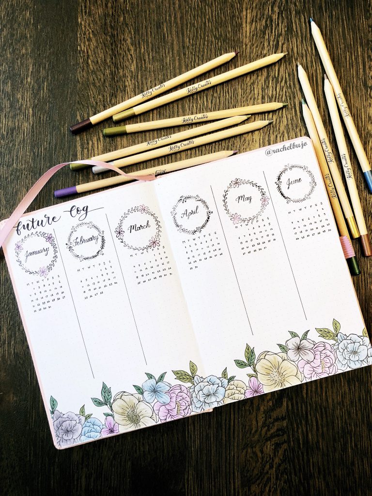 Get organized with a future log in your bullet journal bujo planner using stamps and calligraphy by @rachelbujo and www.kellycreates.ca 