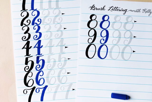Learn tracing brush lettering calligraphy with this free numbers worksheet guide template kelly creates