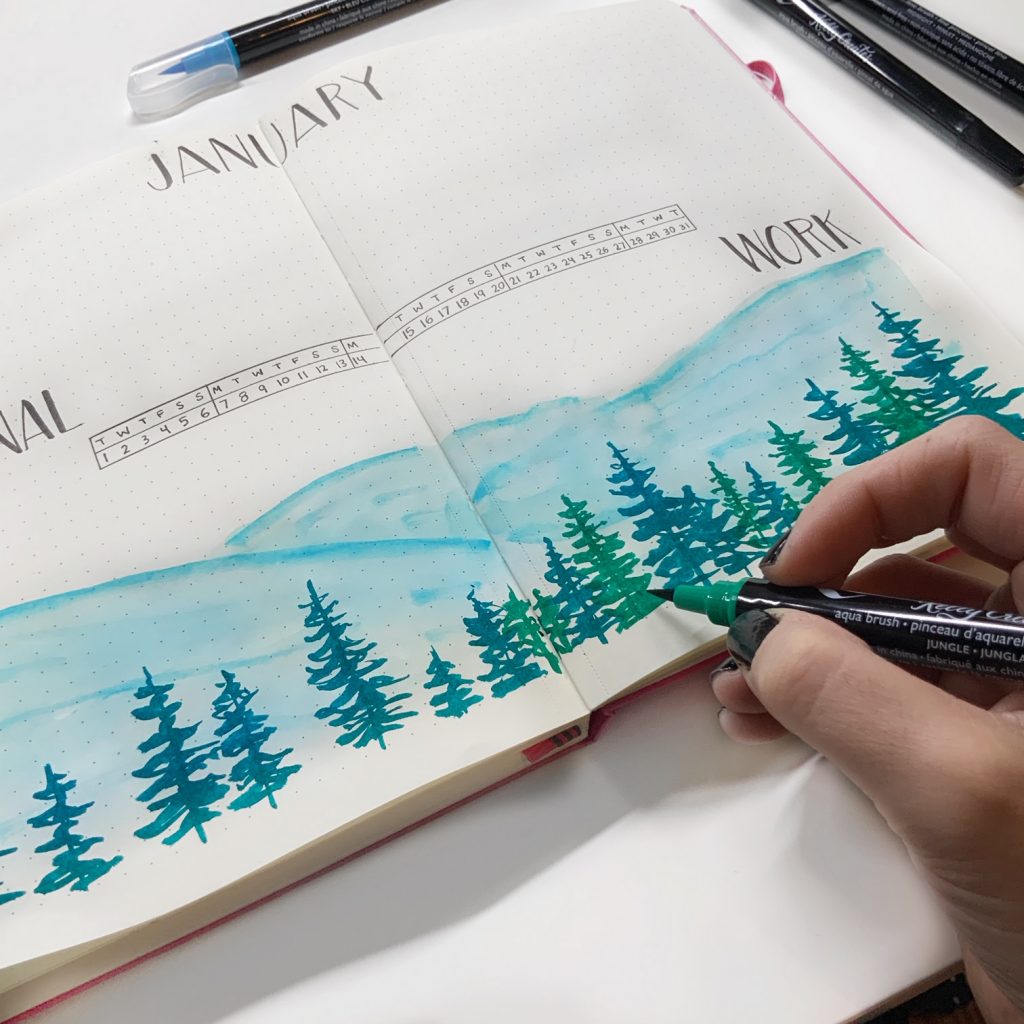 monthly spread bullet journal idea with simple watercolor technique from @theillustratedplanner www.kellycreates.ca 