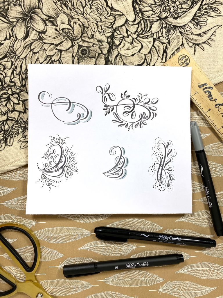 Calligraphy and lettering flourishing tutorial with FREE printable worksheets to practice flourishes www.kellycreates.ca