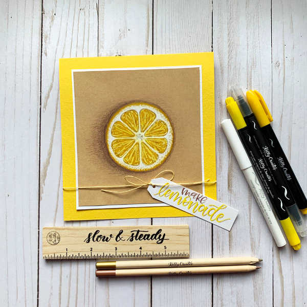 Draw and colour a lemon to make a cute card using markers and brush pens and coloring pencils www.kellycreates.ca