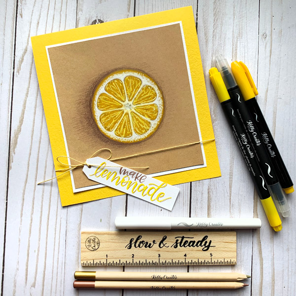 Draw and colour a lemon to make a cute card using markers and brush pens and coloring pencils www.kellycreates.ca