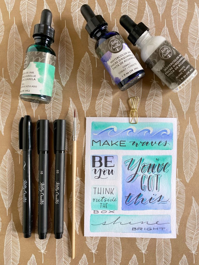 Inspirational lettering quotes with stamps, stickers, rub ons plus beautiful blending with watercolor inks www.kellycreates.ca