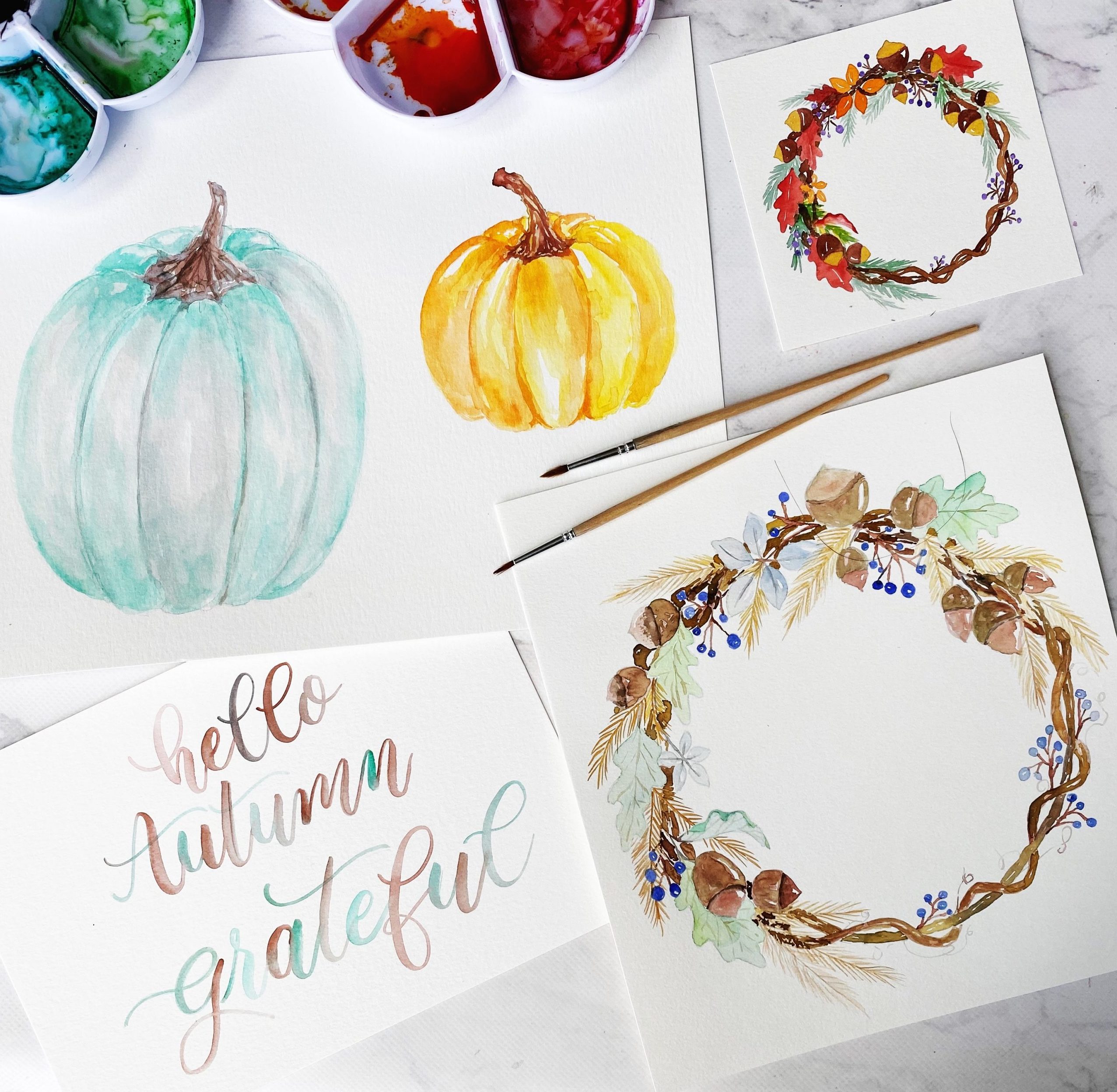 Fall botanicals, pumpkins, wreath, workshop, lettering, painting, watercolour www.kellycreates.ca