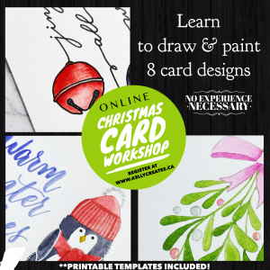 Online workshop for beginners watercolor Christmas cards including 33 printable templates www.kellycreates.ca