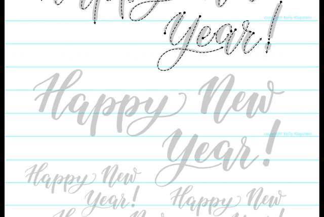 Free printable worksheet to download to practice calligraphy, tracing guide sheet, bouncy style Happy New Year KellyCreates.ca