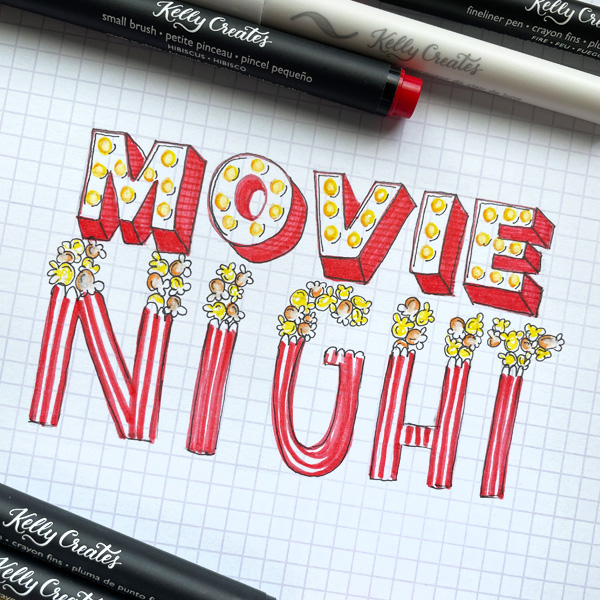 how to draw simple marquee letters for a popcorn movie night theme tutorial www.kellycreates.ca